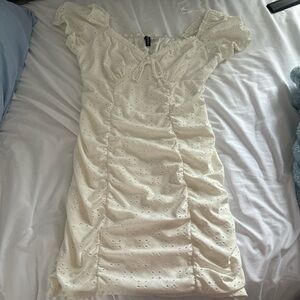 H&M Cream Ruched Off-the-Shoulder Bodycon Mini Dress